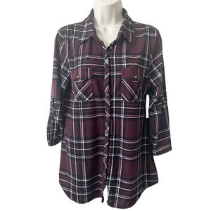 Eden & Olivia Top Womens Size M Purple Plaid Button Down 3/4 Sleeve Roll Tab New